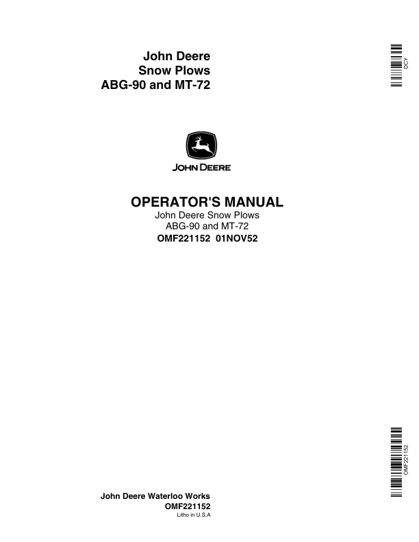 John Deere Snow Plows ABG-90, MT-72 Operator’s Manual (OMF221152) Workshop Guide