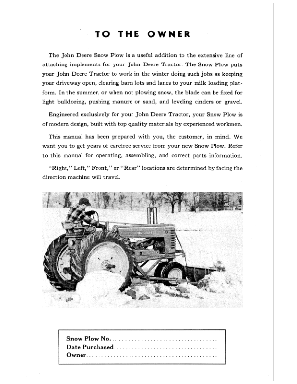 John Deere Snow Plows ABG-90, MT-72 Operator’s Manual (OMF221152) Workshop Guide