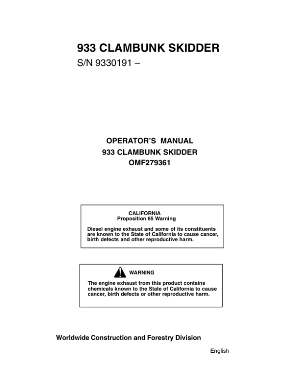 John Deere 933D Clambunk Operator’s Manuals (OMF279361) Workshop Guide