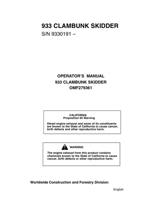 John Deere 933D Clambunk Operator’s Manuals (OMF279361) Workshop Guide