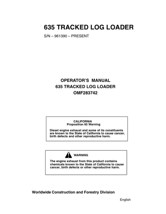 John Deere 635 Knuckleboom Loader Operator’s Manuals (OMF283742) Workshop Guide