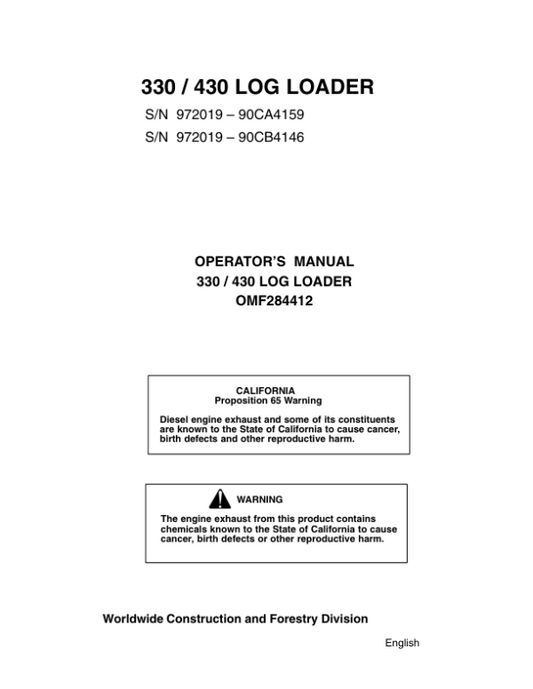 John Deere 430, 330 Knuckleboom Loader Operator’s Manuals (OMF284412) Workshop Guide