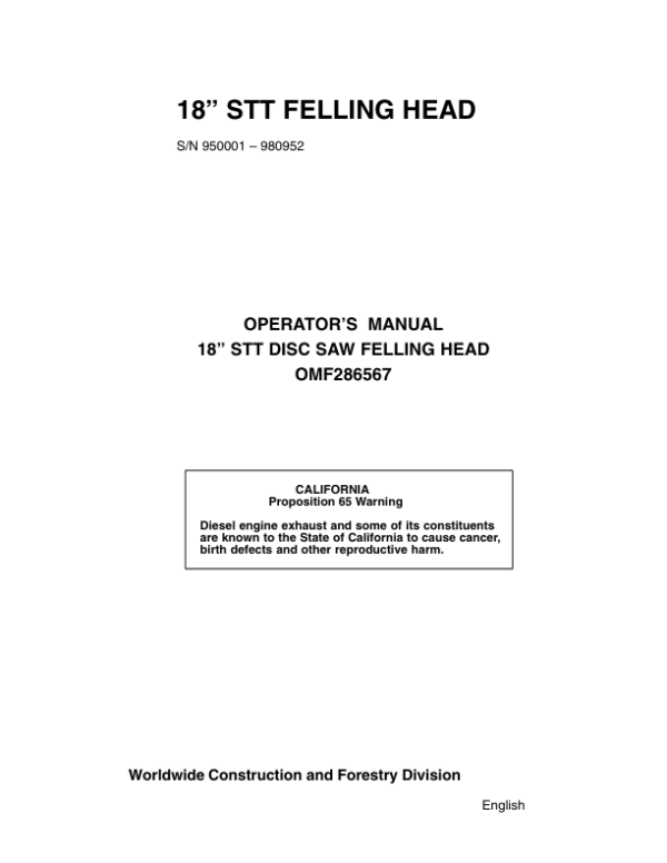 John Deere 18 INCH Felling Heads Operator’s Manuals (OMF286567) Workshop Guide