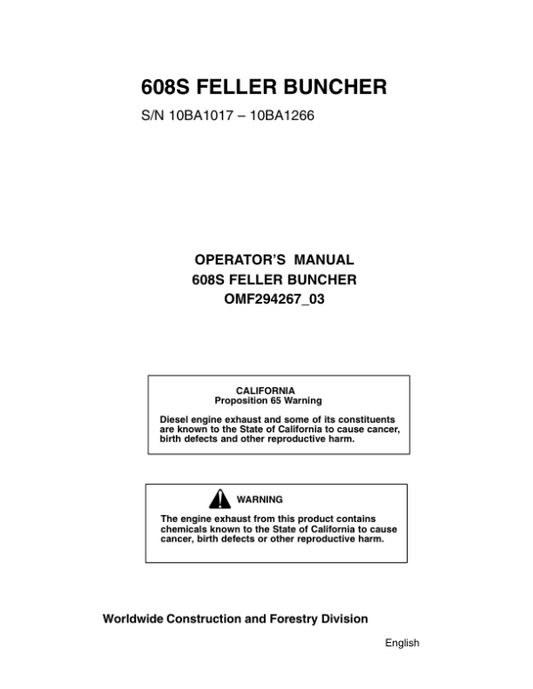 John Deere 608S Tracked Feller Bunchers Operator’s Manuals (OMF294267) Workshop Guide