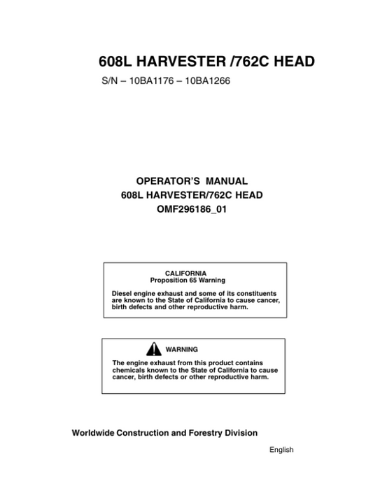 John Deere 608L Tracked Harvesters Operator’s Manuals (OMF296186) Workshop Guide