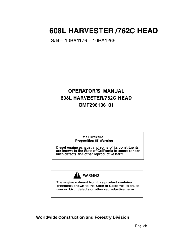 John Deere 608L Tracked Harvesters Operator’s Manuals (OMF296186) Workshop Guide