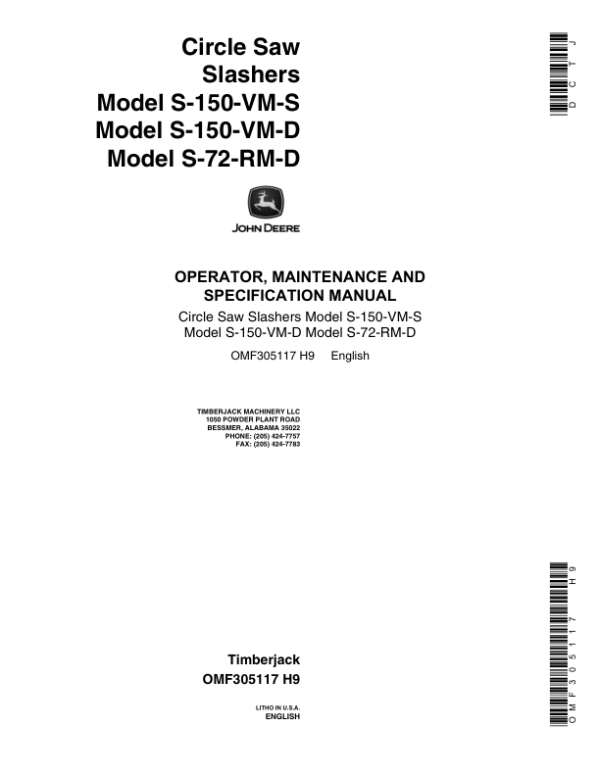 John Deere S-150-VM-D, S-72-RM-D, S-150-VM-S Loader Attachments Operator’s Manuals (OMF305117) Workshop Guide