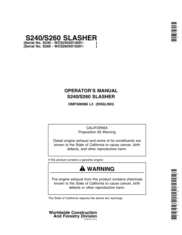 John Deere S240, S260 Loader Attachments Operator’s Manuals (OMF306985) Workshop Guide
