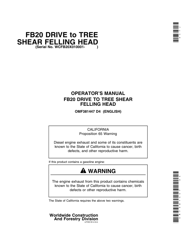 John Deere FB20 Felling Heads Operator’s Manuals (OMF381447) Workshop Guide