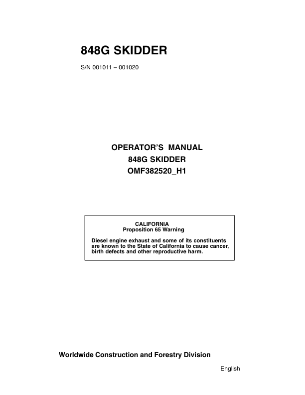 John Deere 848G Skidders Operator’s Manuals (OMF382520) Workshop Guide