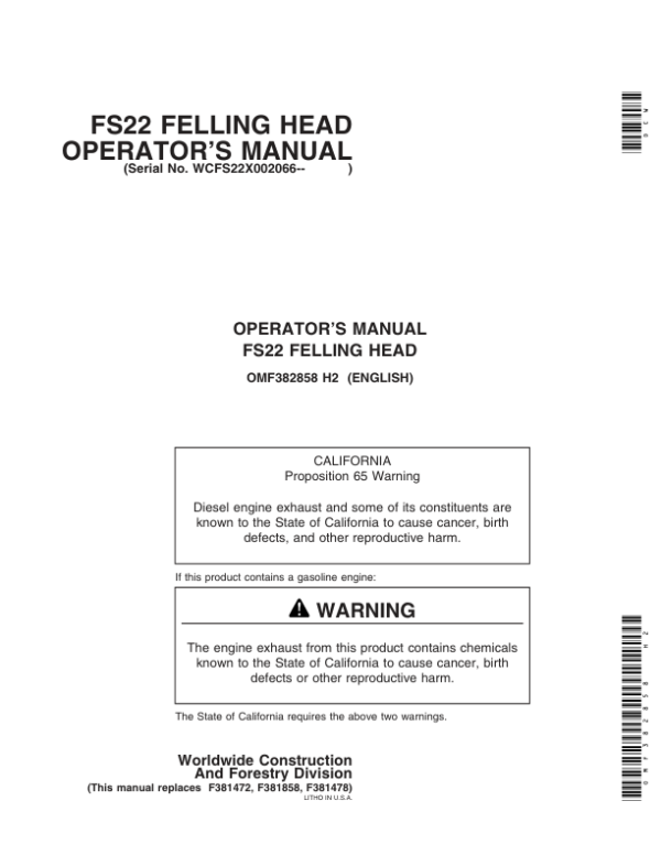 John Deere FS22 Stt Disc Saw Felling Heads Operator’s Manuals (OMF382858) Workshop Guide