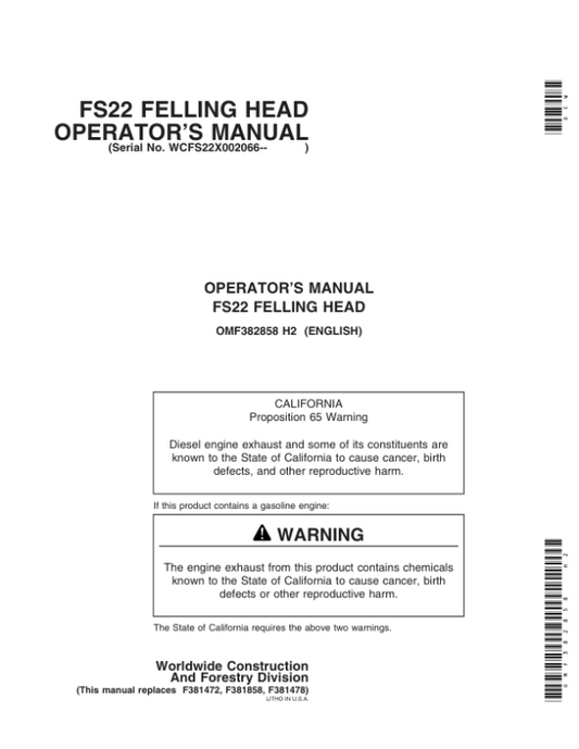 John Deere FS22 Stt Disc Saw Felling Heads Operator’s Manuals (OMF382858) Workshop Guide