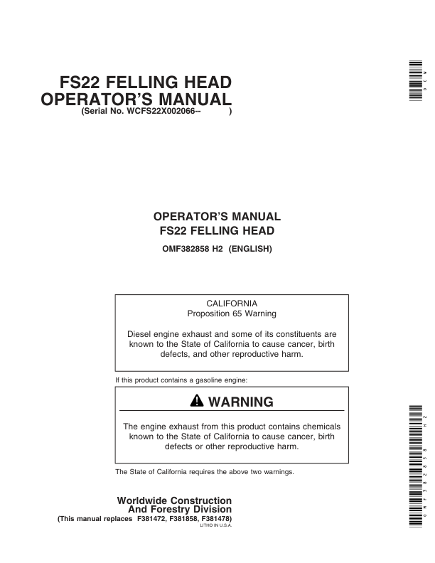 John Deere FS22 Stt Disc Saw Felling Heads Operator’s Manuals (OMF382858) Workshop Guide