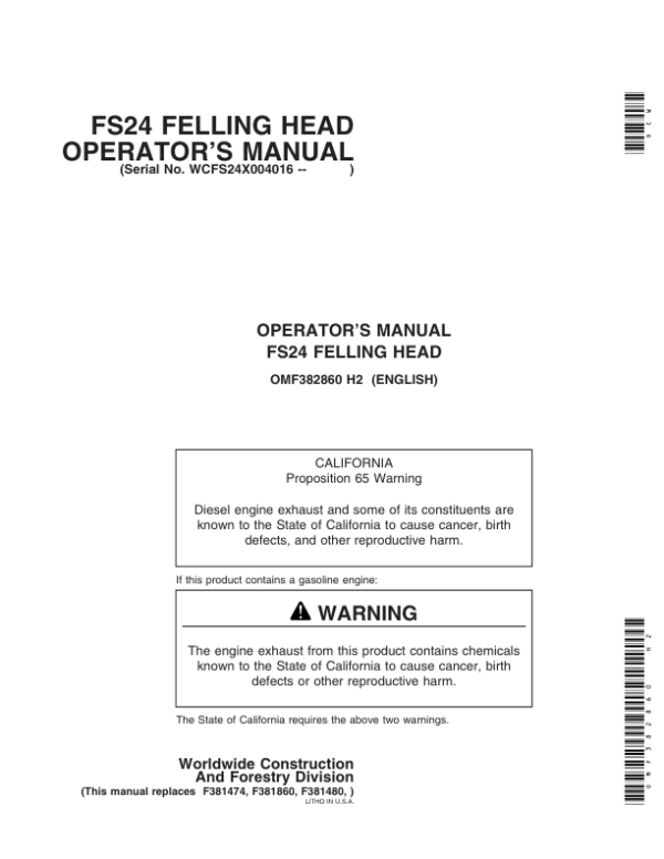 John Deere FS24 Stt Disc Saw Felling Heads Operator’s Manuals (OMF382860) Workshop Guide