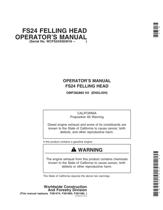 John Deere FS24 Stt Disc Saw Felling Heads Operator’s Manuals (OMF382860) Workshop Guide