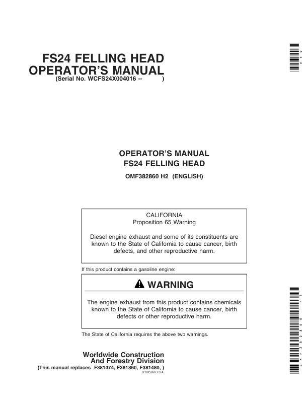 John Deere FS24 Stt Disc Saw Felling Heads Operator’s Manuals (OMF382860) Workshop Guide