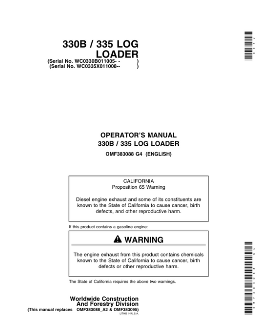 John Deere 330B, 335 Knuckleboom Loader Operator’s Manuals (OMF383088) Workshop Guide