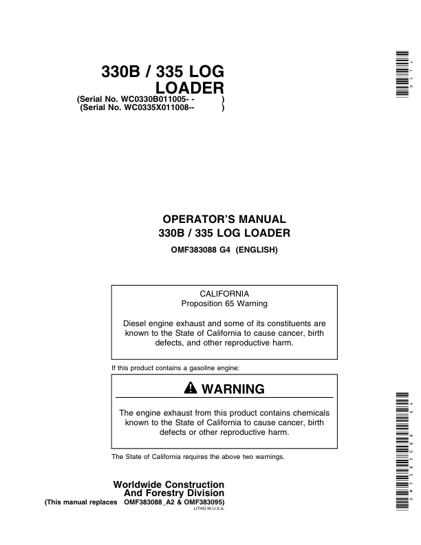 John Deere 330B, 335 Knuckleboom Loader Operator’s Manuals (OMF383088) Workshop Guide