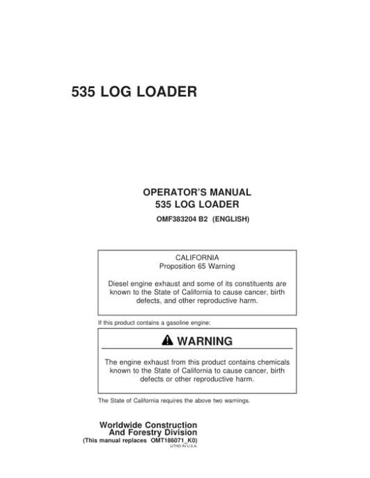 John Deere 535 Knuckleboom Loader Operator’s Manuals (OMF383204) Workshop Guide