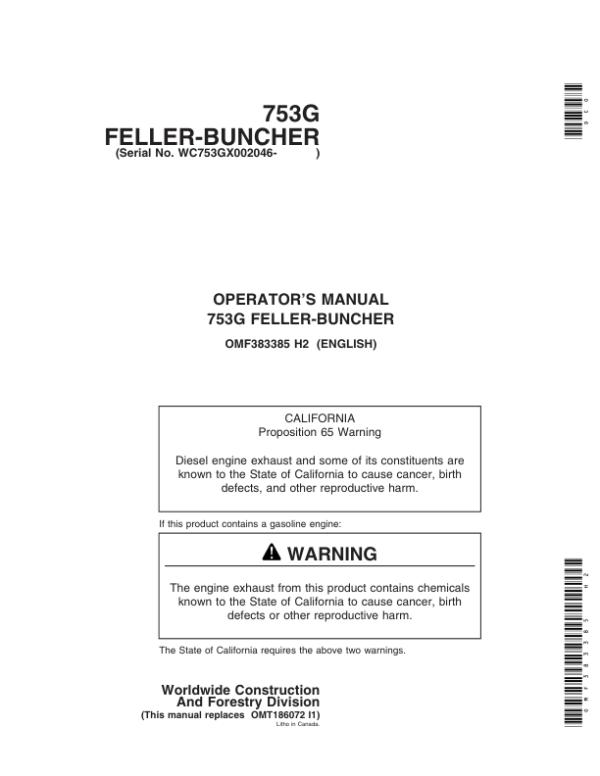John Deere 753G Tracked Feller Bunchers Operator’s Manuals (OMF383385) Workshop Guide