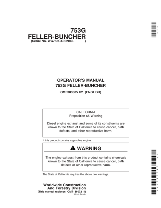 John Deere 753G Tracked Feller Bunchers Operator’s Manuals (OMF383385) Workshop Guide