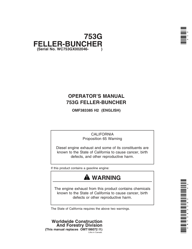 John Deere 753G Tracked Feller Bunchers Operator’s Manuals (OMF383385) Workshop Guide