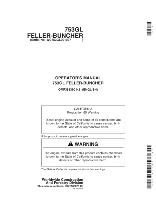 John Deere 753GL Tracked Feller Bunchers Operator’s Manuals (OMF383390) Workshop Guide