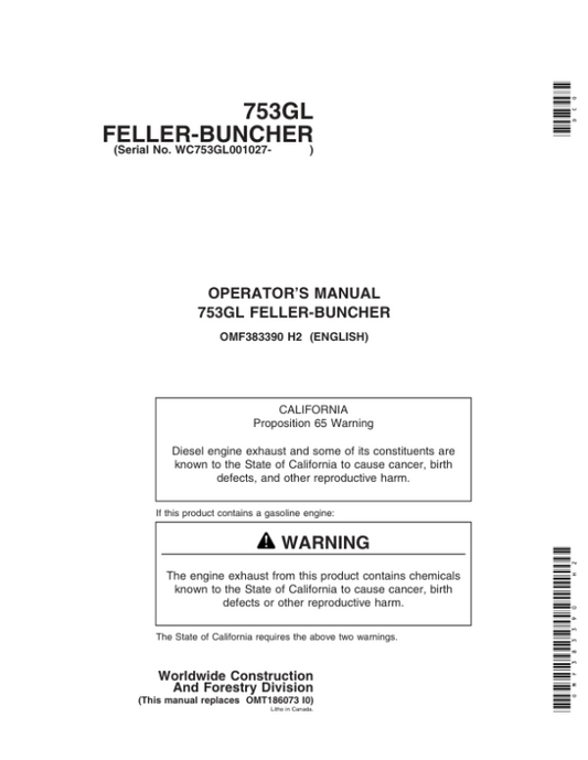 John Deere 753GL Tracked Feller Bunchers Operator’s Manuals (OMF383390) Workshop Guide