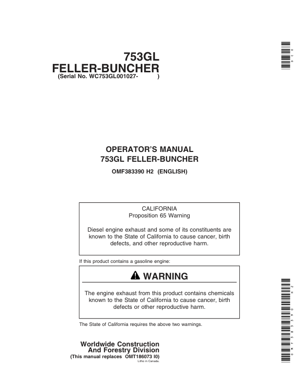 John Deere 753GL Tracked Feller Bunchers Operator’s Manuals (OMF383390) Workshop Guide