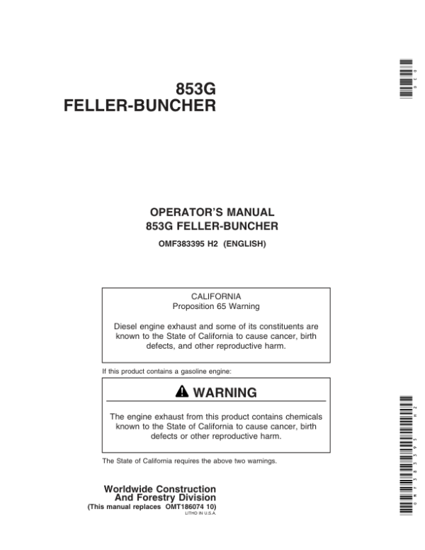 John Deere 853G Tracked Feller Bunchers Operator’s Manuals (OMF383395) Workshop Guide