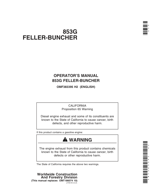 John Deere 853G Tracked Feller Bunchers Operator’s Manuals (OMF383395) Workshop Guide