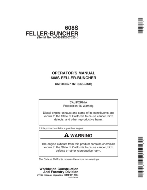 John Deere 608S Tracked Feller Bunchers Operator’s Manuals (OMF383427) Workshop Guide