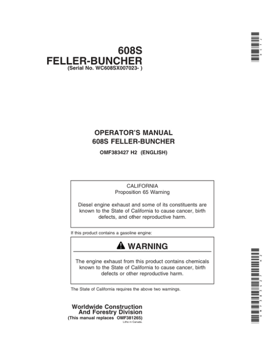 John Deere 608S Tracked Feller Bunchers Operator’s Manuals (OMF383427) Workshop Guide