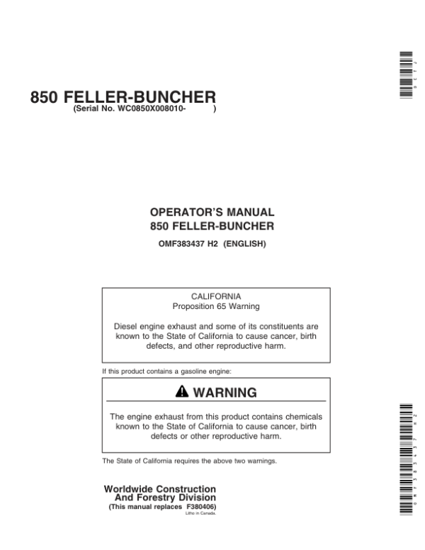 John Deere 850 Tracked Feller Bunchers Operator’s Manuals (OMF383437) Workshop Guide