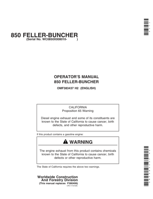 John Deere 850 Tracked Feller Bunchers Operator’s Manuals (OMF383437) Workshop Guide