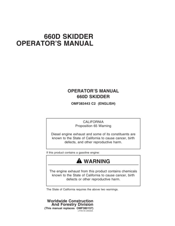 John Deere 660D Skidders Operator’s Manuals (OMF383443) Workshop Guide