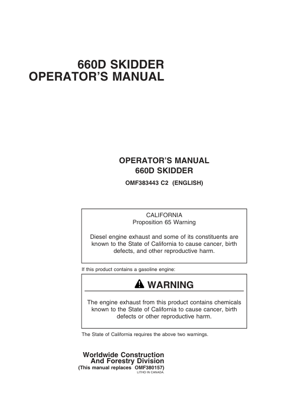 John Deere 660D Skidders Operator’s Manuals (OMF383443) Workshop Guide