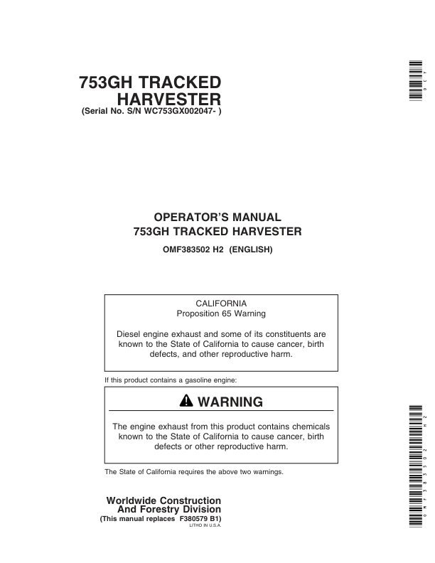 John Deere 753G Tracked Harvesters Operator’s Manuals (OMF383502) Workshop Guide