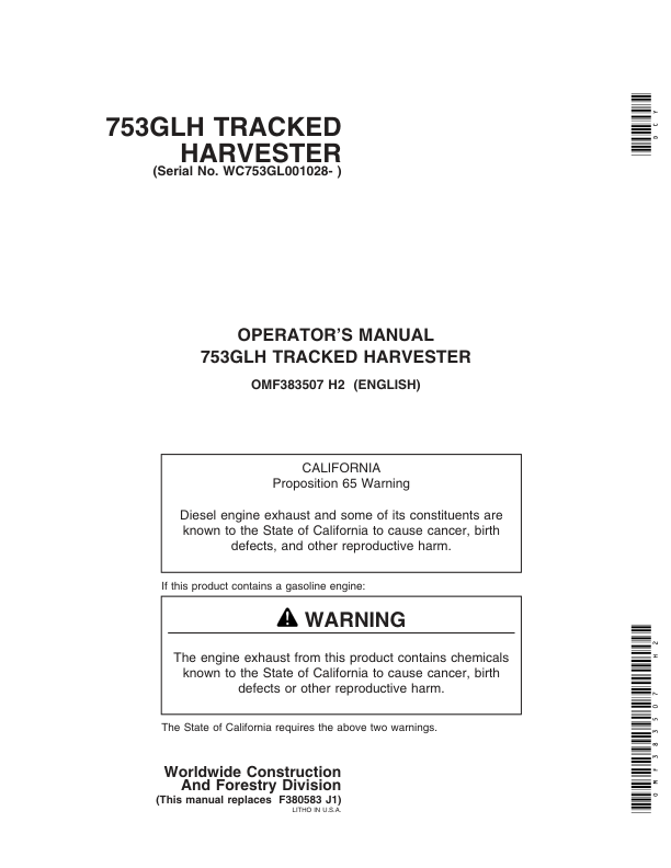 John Deere 753GL Tracked Harvesters Operator’s Manuals (OMF383507) Workshop Guide