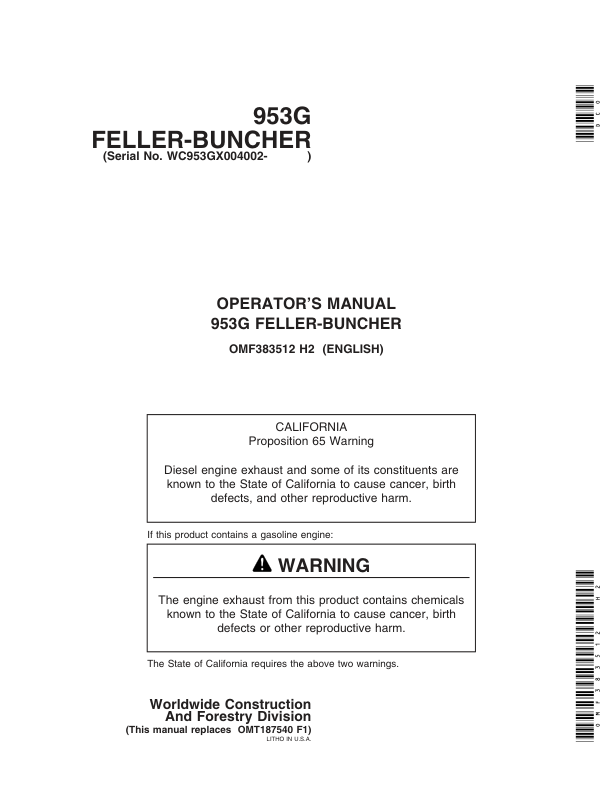 John Deere 953G Tracked Feller Bunchers Operator’s Manuals (OMF383512) Workshop Guide