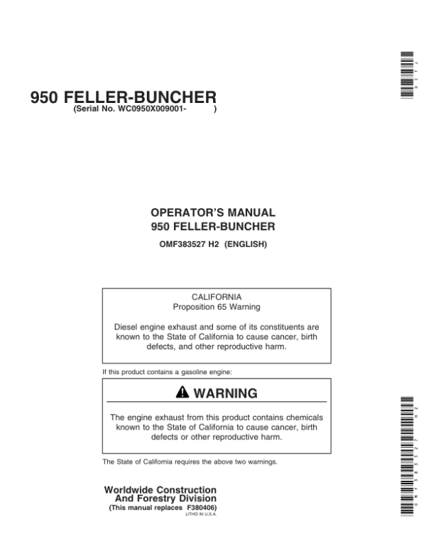 John Deere 950 Tracked Feller Bunchers Operator’s Manuals (OMF383527) Workshop Guide