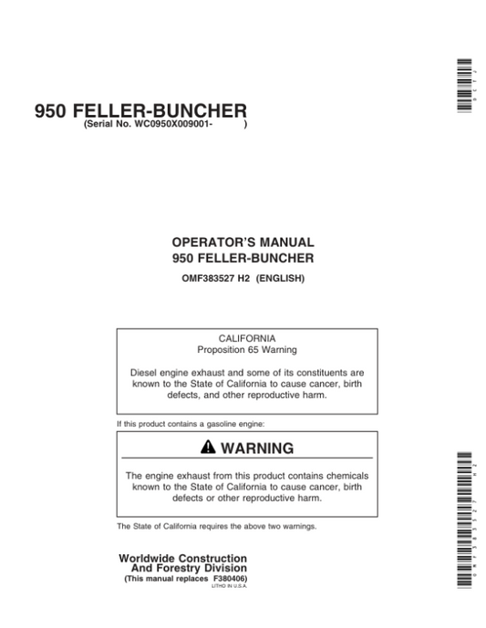 John Deere 950 Tracked Feller Bunchers Operator’s Manuals (OMF383527) Workshop Guide