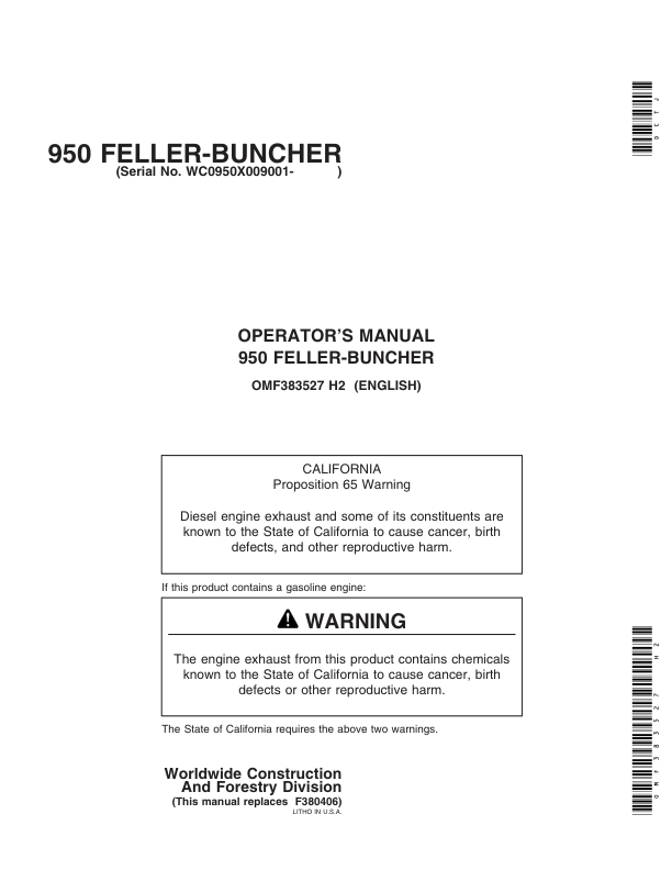 John Deere 950 Tracked Feller Bunchers Operator’s Manuals (OMF383527) Workshop Guide