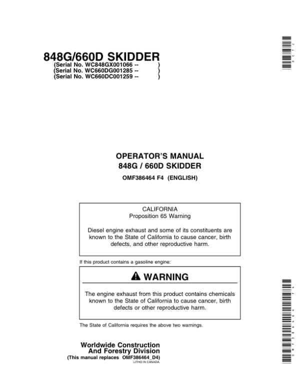 John Deere 848G, 660D Skidders Operator’s Manuals (OMF386464) Workshop Guide