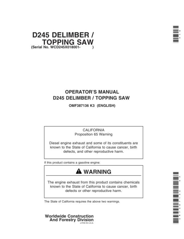 John Deere D245 Loader Attachments Operator’s Manuals (OMF387136) Workshop Guide