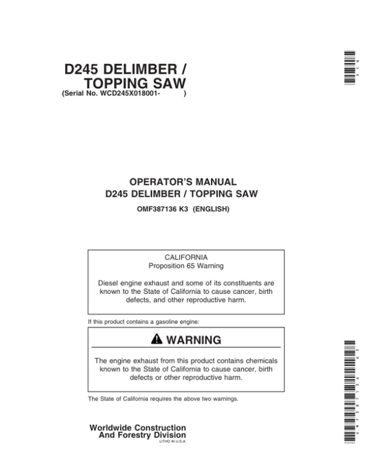 John Deere D245 Loader Attachments Operator’s Manuals (OMF387136) Workshop Guide