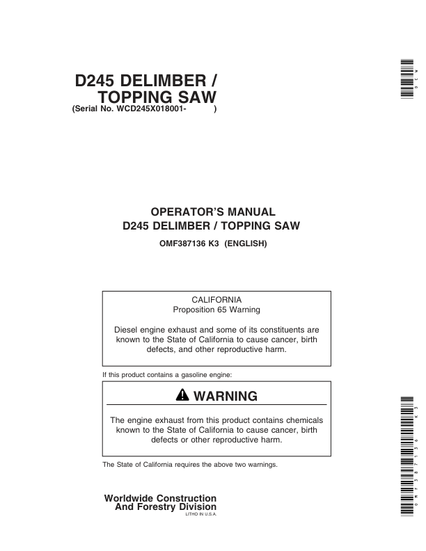 John Deere D245 Loader Attachments Operator’s Manuals (OMF387136) Workshop Guide