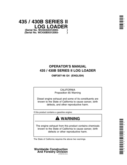 John Deere 435, 430B Knuckleboom Loader Operator’s Manuals (OMF387146) Workshop Guide