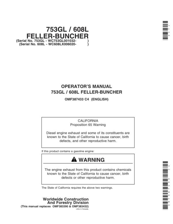 John Deere 753GL, 608L Tracked Feller Bunchers Operator’s Manuals (OMF387433) Workshop Guide