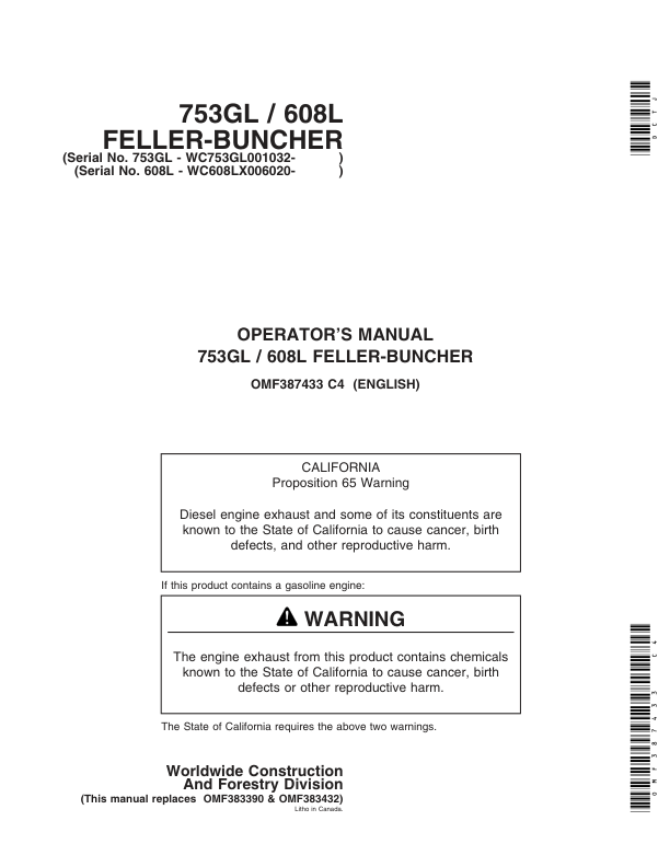 John Deere 753GL, 608L Tracked Feller Bunchers Operator’s Manuals (OMF387433) Workshop Guide